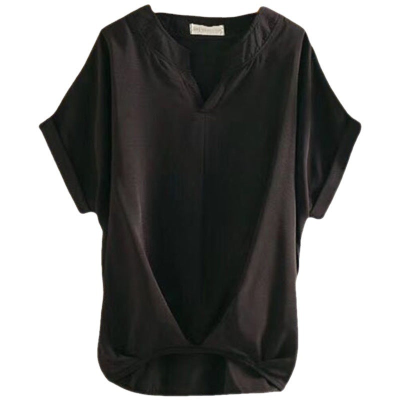 Solid Color And V-neck Batwing Sleeve Top Loose Slimming Cotton And Linen Shirt