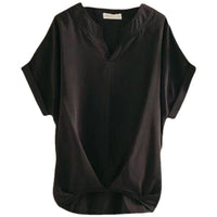 Solid Color And V-neck Batwing Sleeve Top Loose Slimming Cotton And Linen Shirt