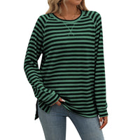 Striped Contrast Color Round Neck Long Sleeve Loose-fitting T-shirt Top