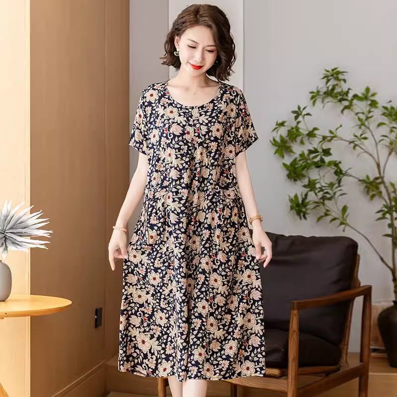 Middle-aged And Elderly Women's Cotton Silk Printing Maxi Dress