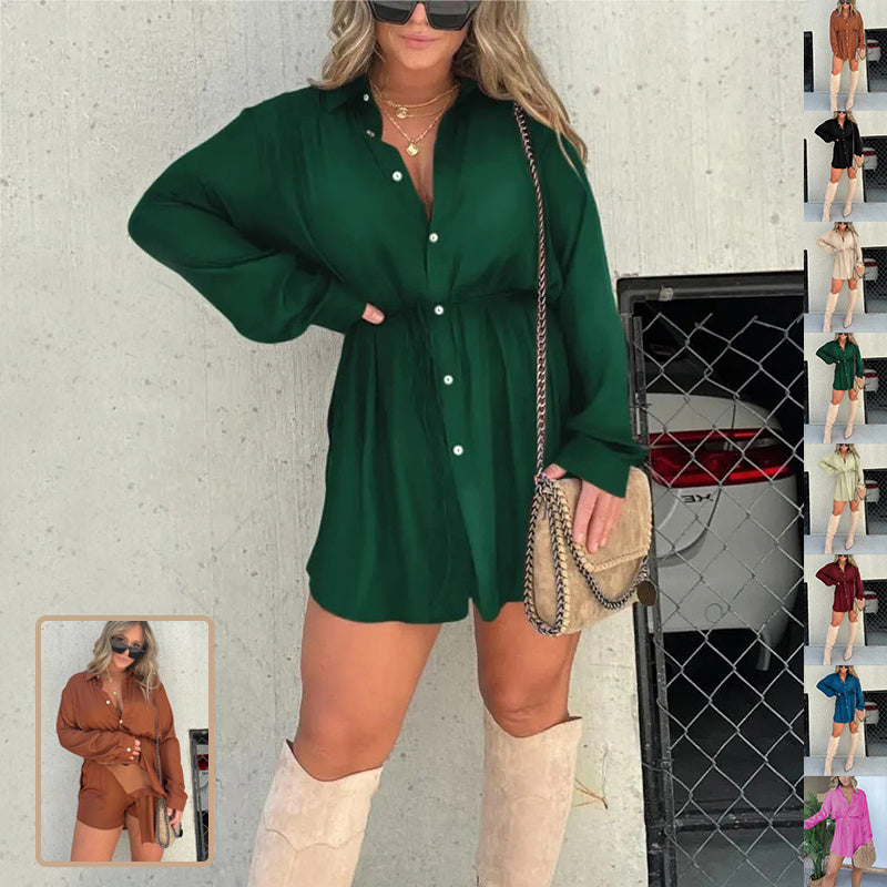 Women's Long Sleeve Jumpsuit With Button Fashion Shirt Dress - Chic Angle