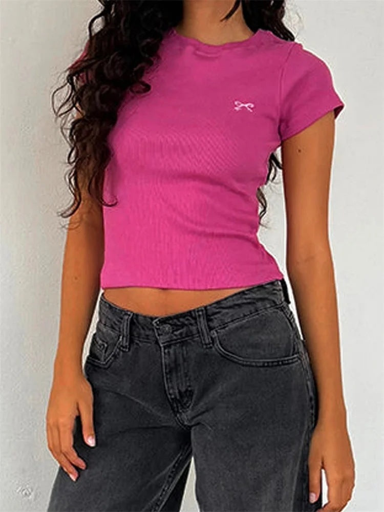 Round Neck Pullover Short Sleeve Butterfly Exquisite Embroidered Top - Chic Angle