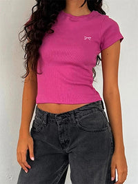 Round Neck Pullover Short Sleeve Butterfly Exquisite Embroidered Top - Chic Angle