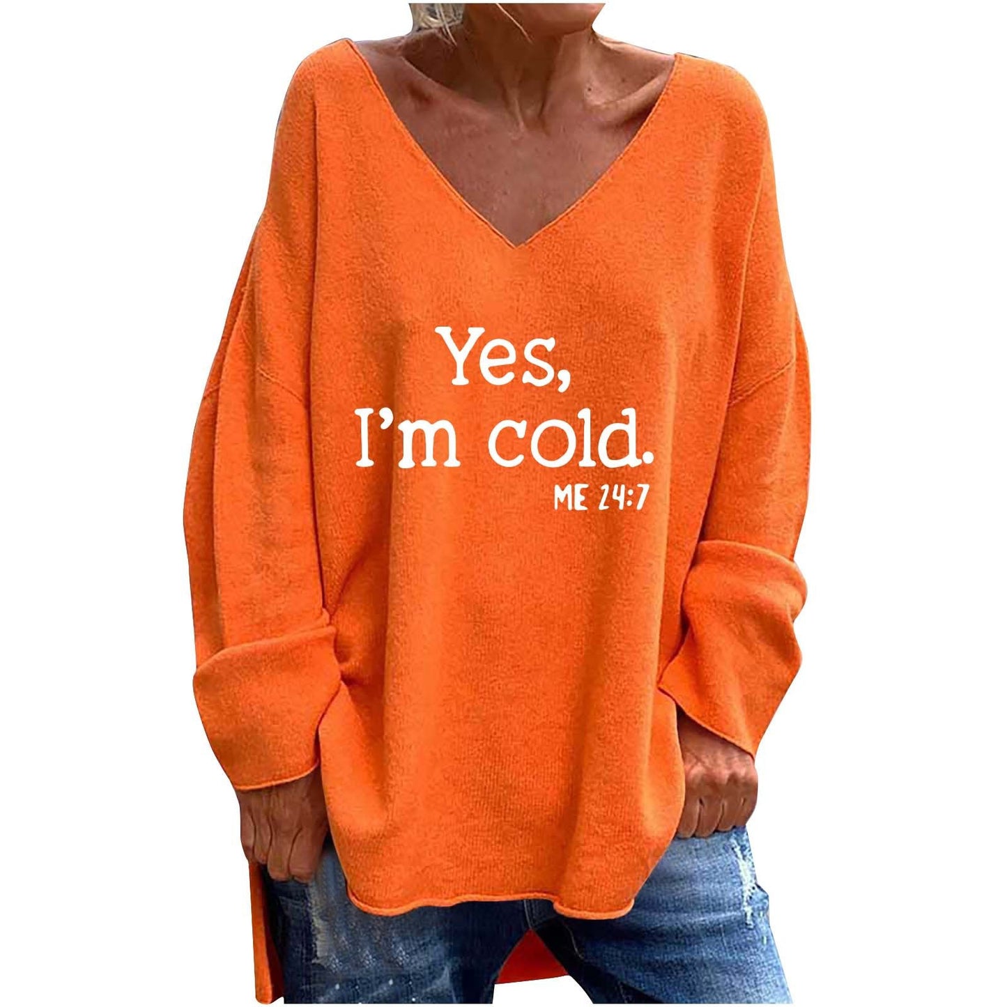 Women's Solid Color And V-neck Loose Casual Long Sleeves Top
