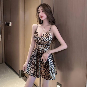 Women's Low-cut Deep V Strap Leopard Print Dress