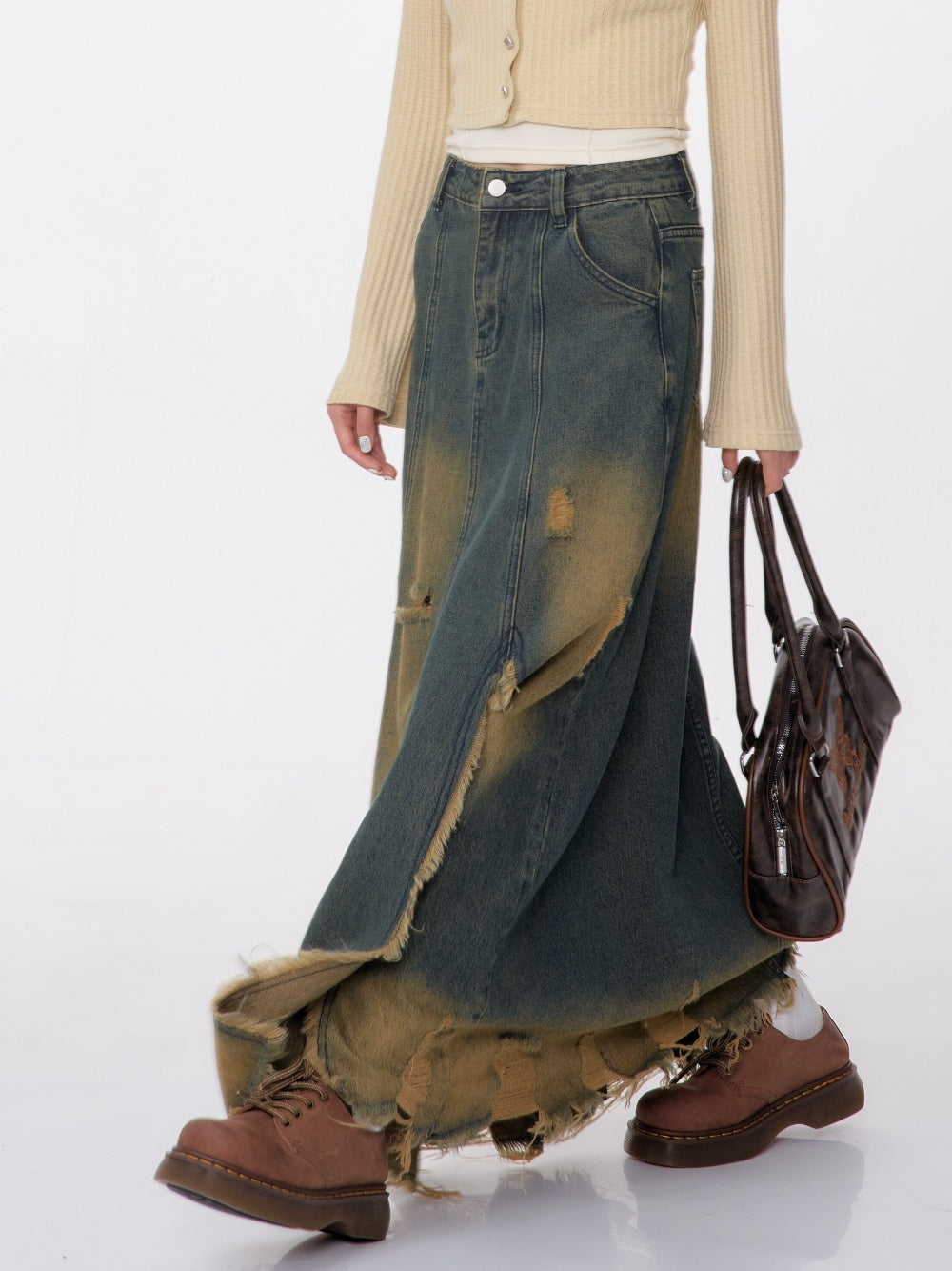 High Waist Mid-length Make Old Ripped Split Denim Skirt