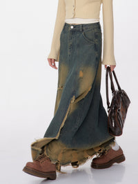 High Waist Mid-length Make Old Ripped Split Denim Skirt