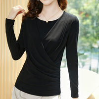 Crew Neck Crisscross Pleated Bottoming Ladies Blouse Top