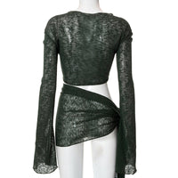 Strap Long-sleeved Wrap Top And Skirt