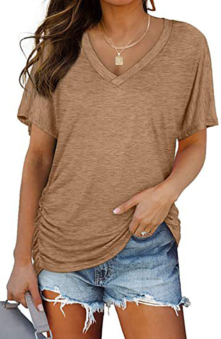 European And American T-shirt Solid Color Casual Loose-fitting V-neck Top - Chic Angle