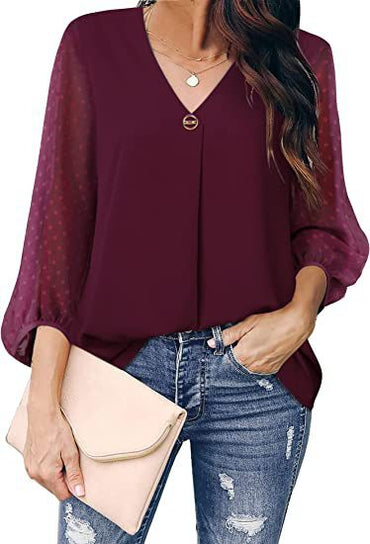 Women's Puff Sleeve V-neck Long Sleeve Shirt - Chic Angle