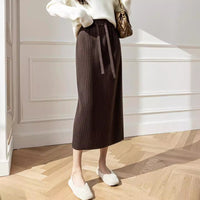 Simple Knitting Skirt High Waist Drawstring Straight