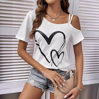 Heart Shape Printed Slant Shoulder Casual T-shirt