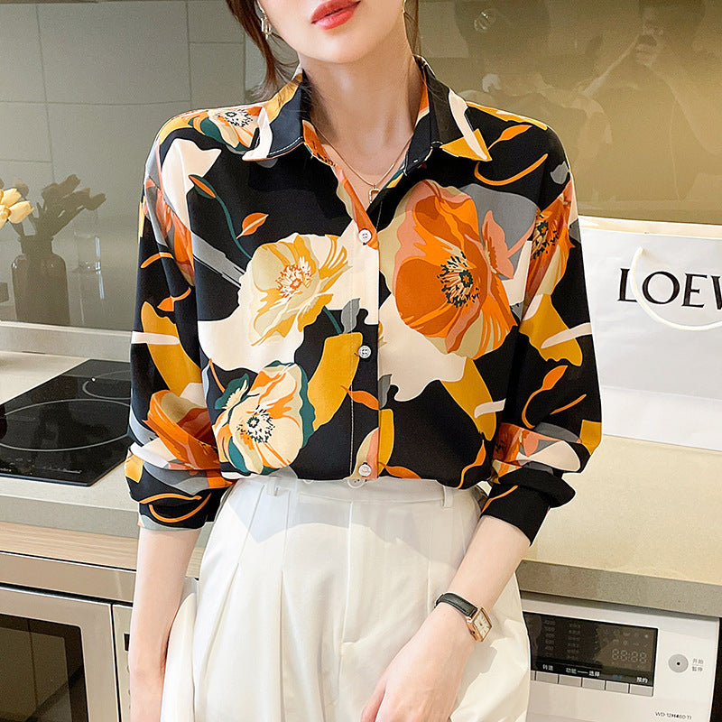 Spring Design Sense Retro French Temperament Printed Chiffon Long-sleeved Shirt For Women - Chic Angle