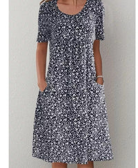 Round Neck Short Sleeve Floral Midi Dress