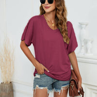 European And American T-shirt Solid Color Casual Loose-fitting V-neck Top - Chic Angle