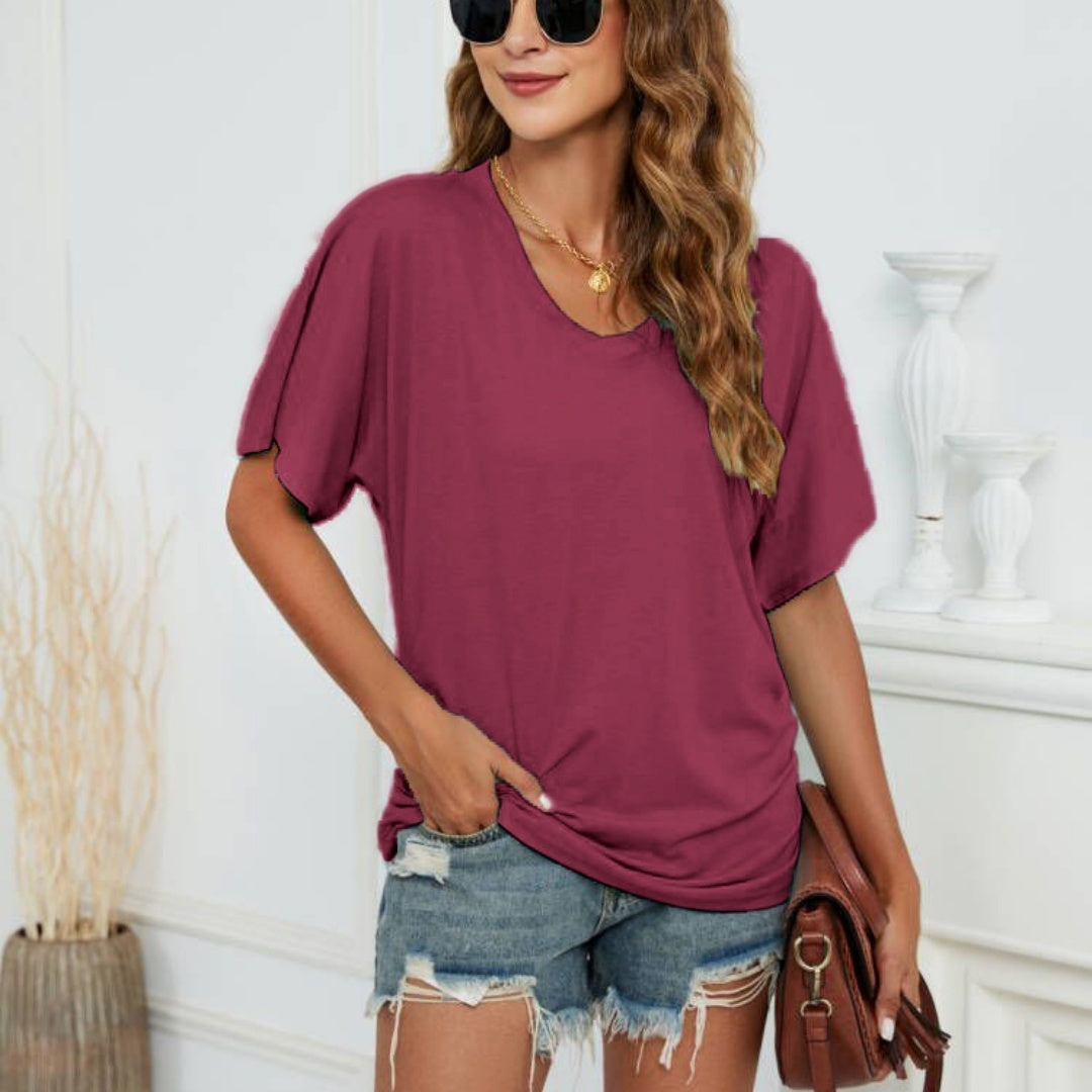 European And American T-shirt Solid Color Casual Loose-fitting V-neck Top - Chic Angle