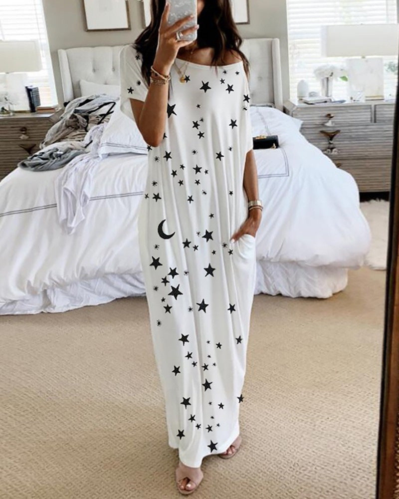 Women's Round Neck Short Sleeve Loose Midi Dress