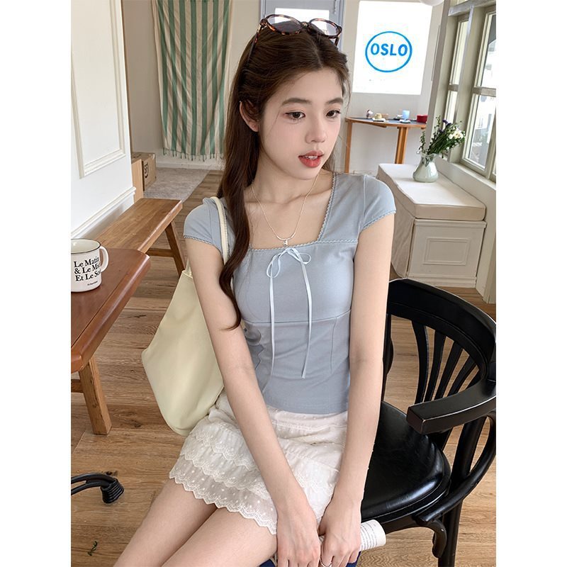 Women's Summer Slim Fit Niche Chic Square Collar Short Sleeve T-shirt Top - Chic Angle