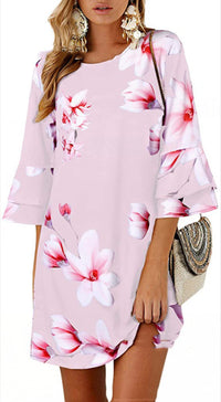 Women's Printed Midi Skirt Loose Waist Round Neck Dress