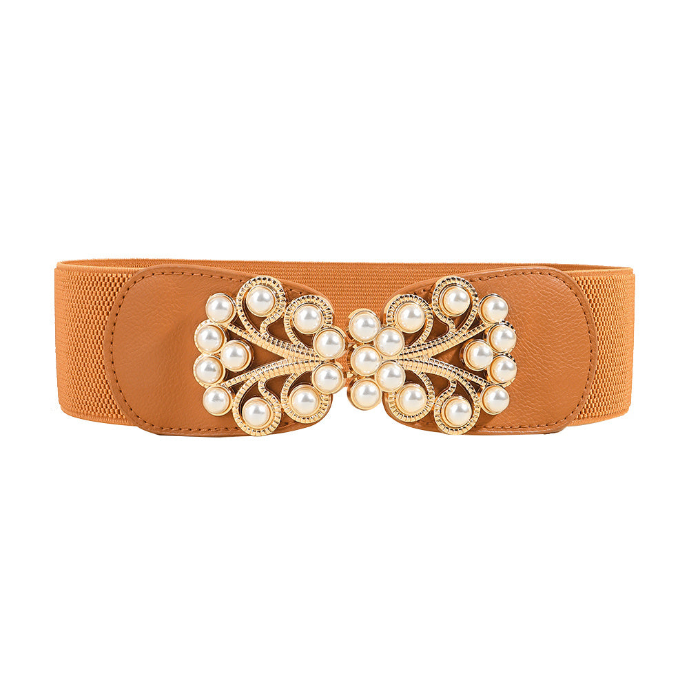 Elegant Ladies Elastic Wide Belt Pearl Metal Buckle Elastic Belt Suit Jacket Dress Multi-colored Belt