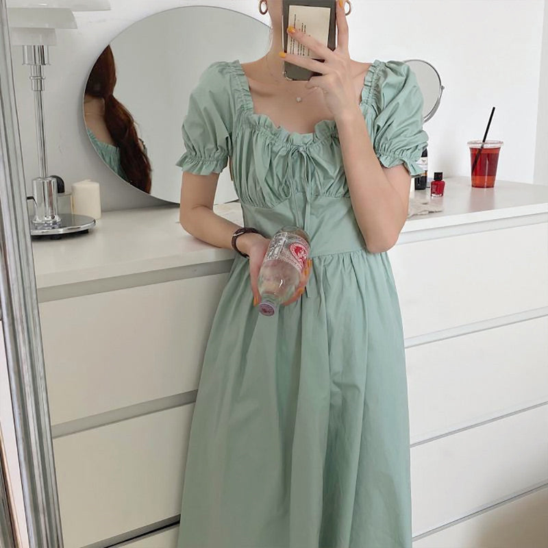 Square Collar Design Sense Waist Slimming Knee-length Skirt