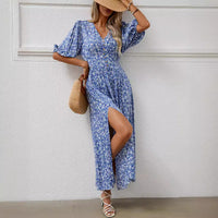 V-neck Lantern Sleeve Waist-tight Dress Seaside Vacation Bohemian Style