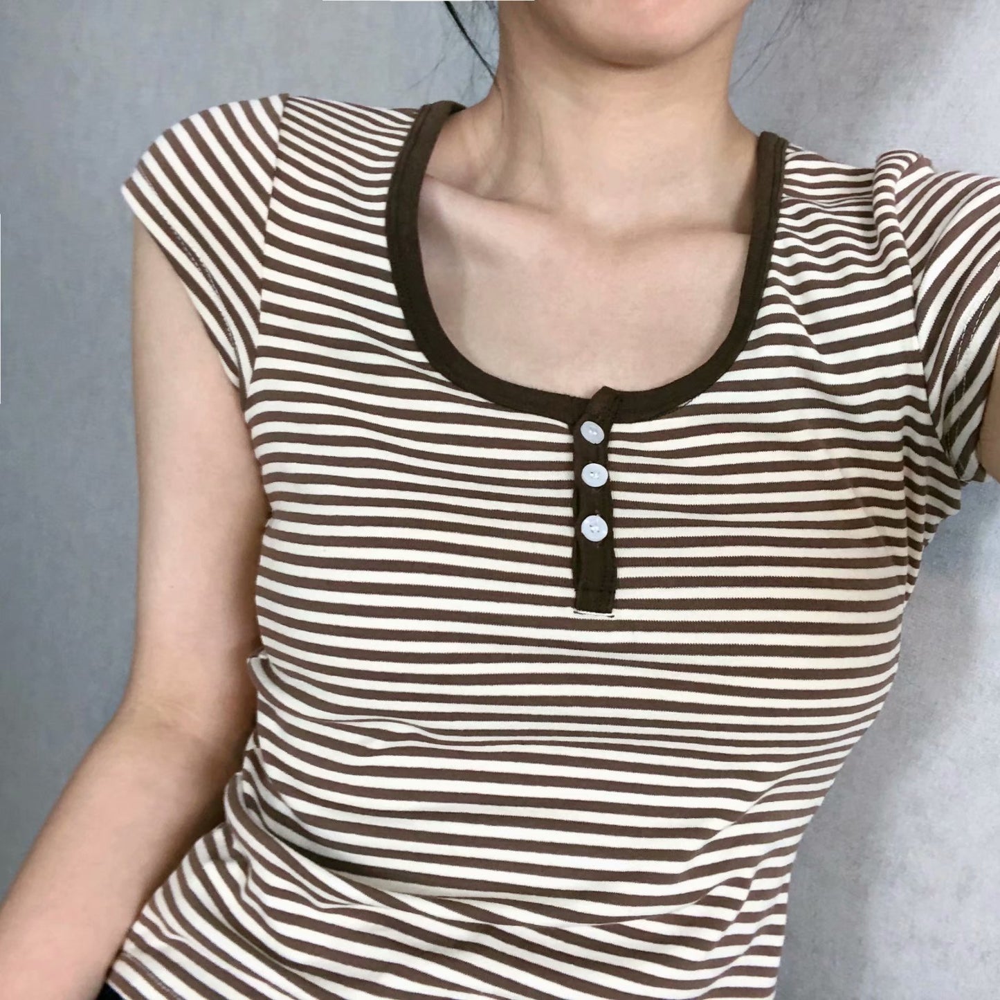 All-match Brown Striped Three-button Slim-fit Short-sleeved T-shirt