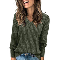 Top V-neck Long Sleeve Sunken Stripe Brushed T-shirt