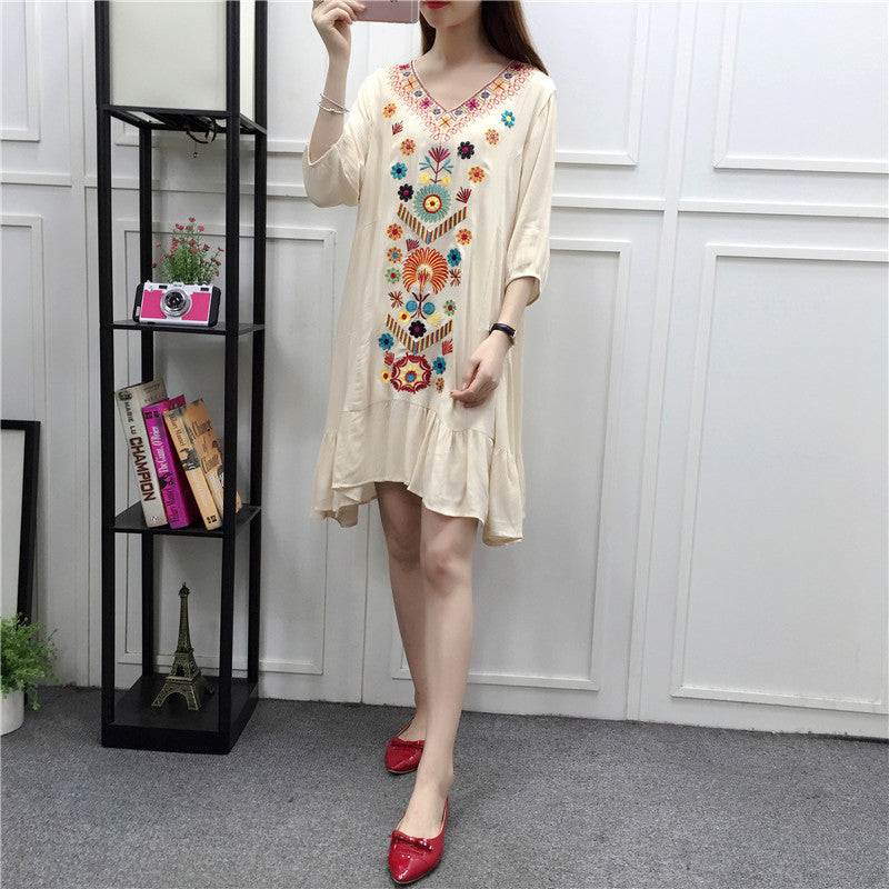 Thin Three-quarter Sleeves Cotton And Linen Mid-length Seaside Holiday Dress