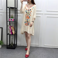 Thin Three-quarter Sleeves Cotton And Linen Mid-length Seaside Holiday Dress