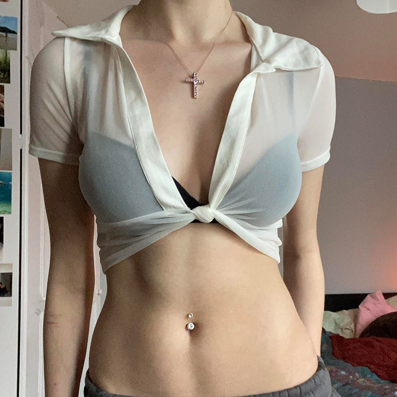 Chiffon See-through Light Lapel Deep V Twisted Super Short Navel Personality Hot Girl Pullover Shirt For Women - Chic Angle