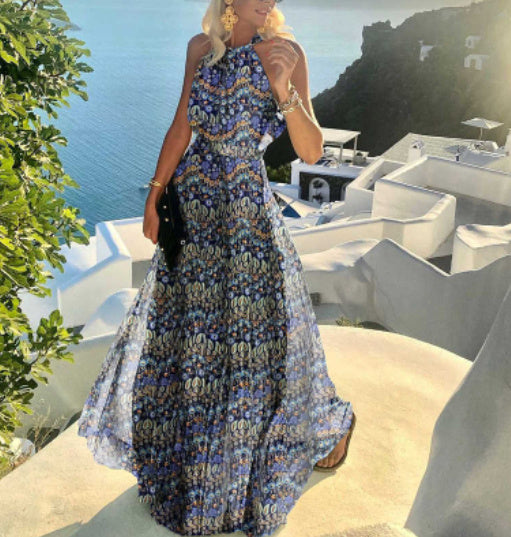 Fashion Sexy Halter Print Pleated Long Dress Women Sweet O Neck Beach Maxi Dress Summer Sleeveless Elegant Boho Party Dress XXL