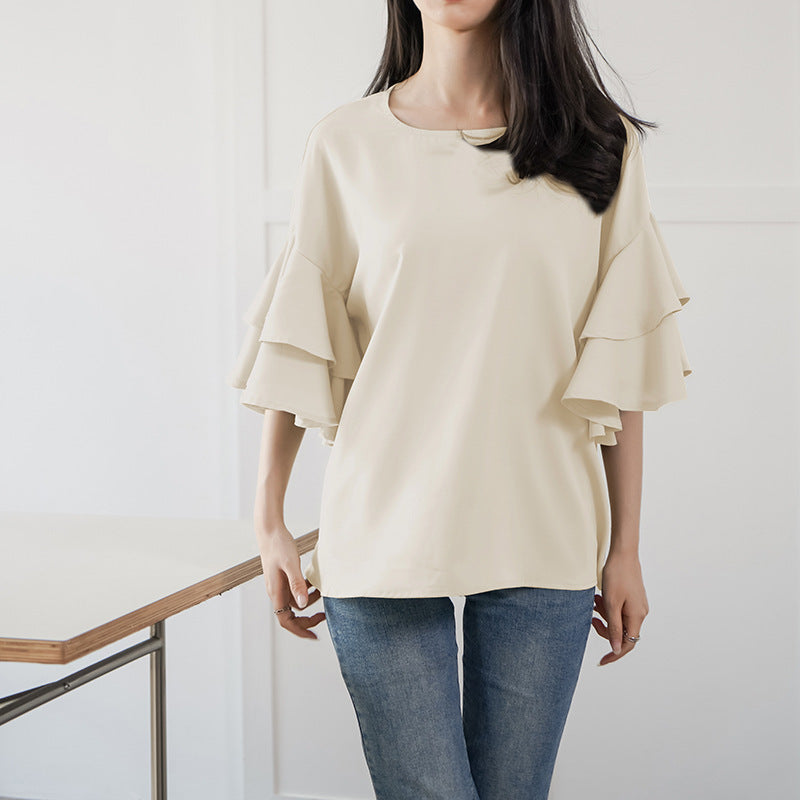 Women's Double-layer Ruffle Sleeve Round Neck Shirt