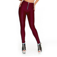 Ladies Black Solid Color Slim Zipper PU Leather Leggings