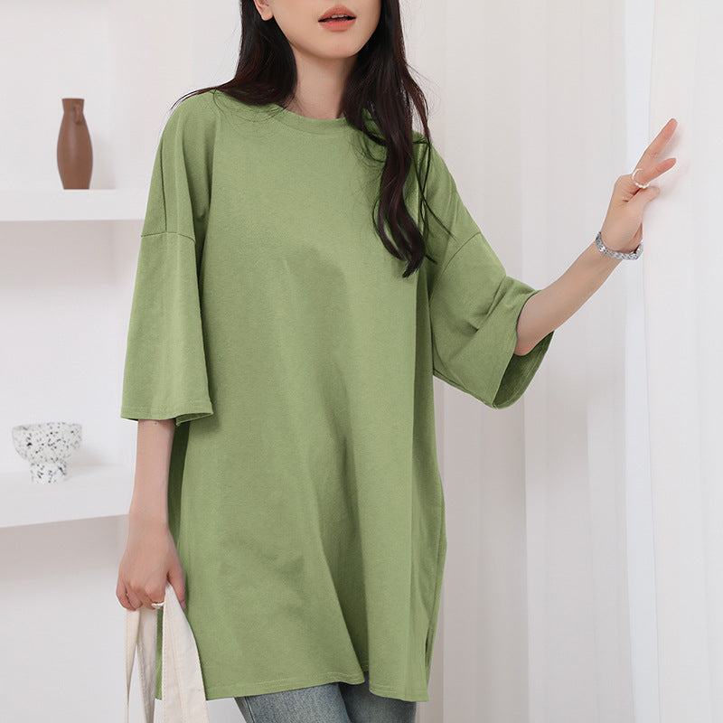 Summer Pure Cotton T-shirt Side Slit Casual