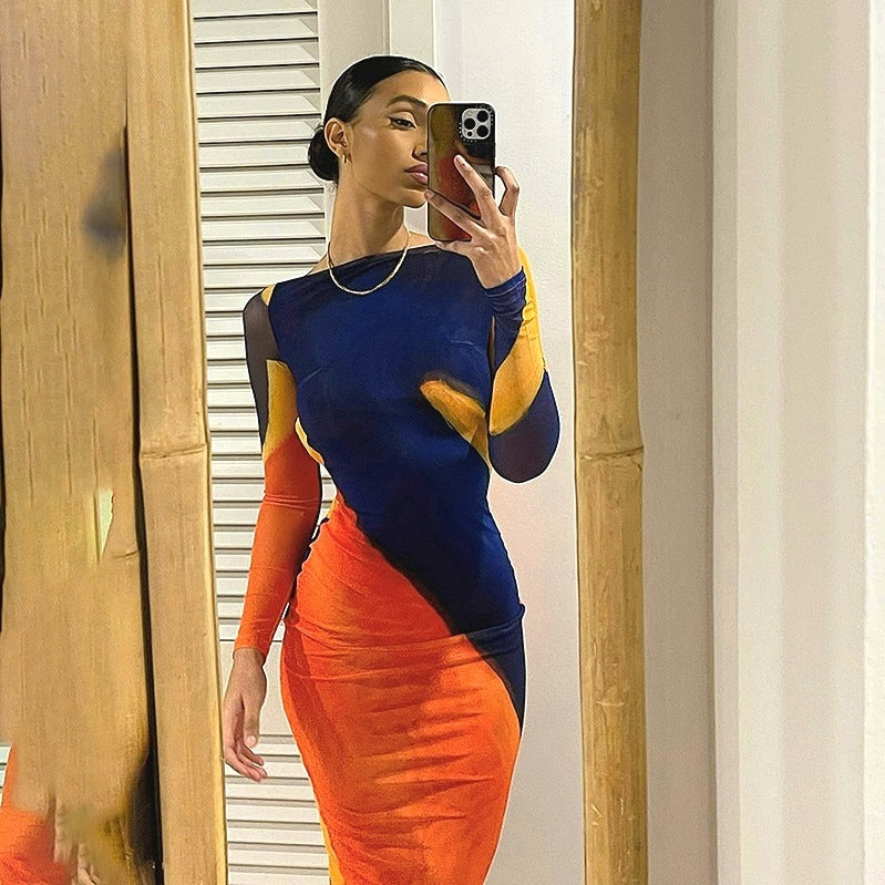 E22DS171 European And American Women's Clothing Summer New Mesh Casual Printed Backless Long Sleeves Lace-up Maxi Dress
