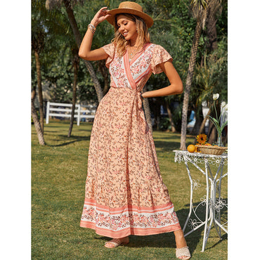 Ruffle Sleeves V-neck Lace Irregular Big Dress
