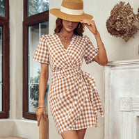 New Plaid Women's Fashion Bow V-neck Dress