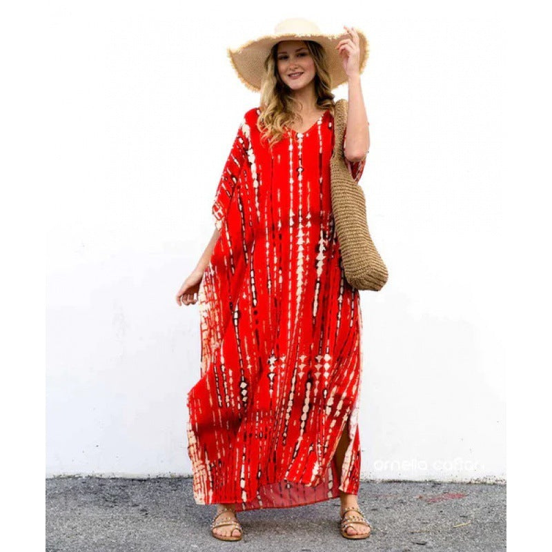 Rayon Printed Blooming Loose Vacation Robe Beach Dress Bikini Sun Protection Shirt