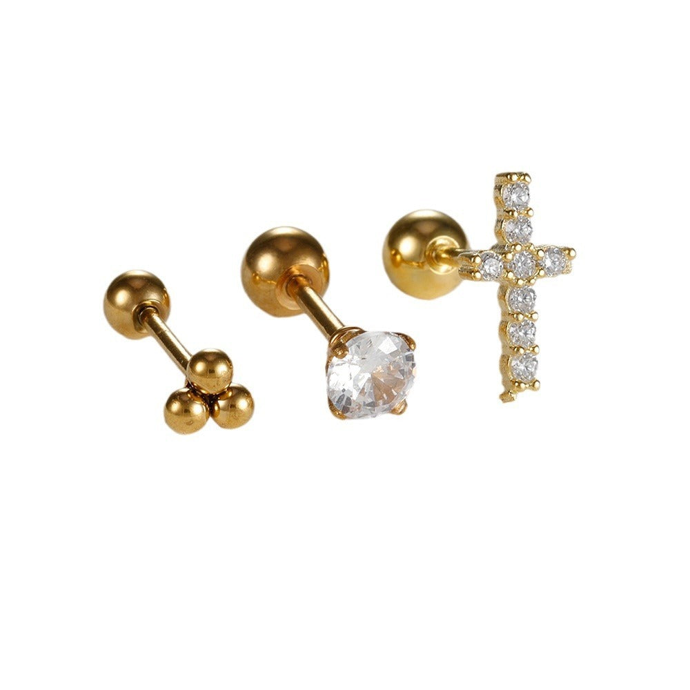 Stainless Steel Round Four-claw Zircon Stud Earrings For Women Simple