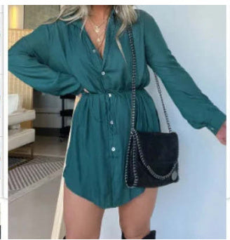 Women's Long Sleeve Jumpsuit With Button Fashion Shirt Dress - Chic Angle