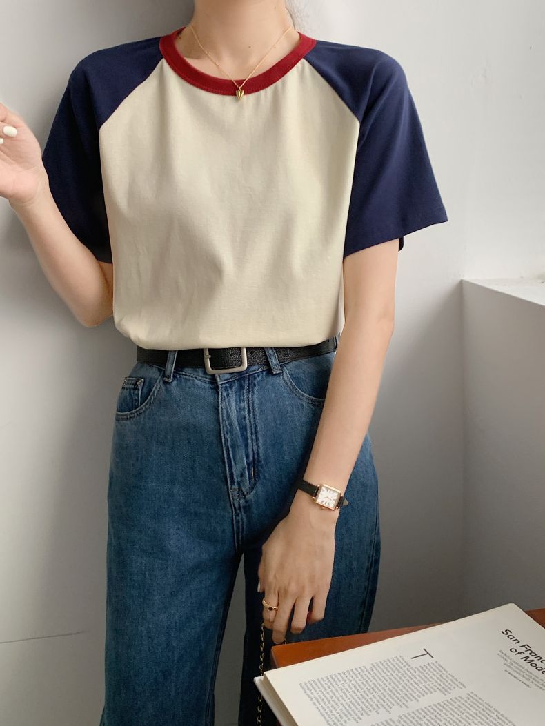 Retro Patchwork Contrast Color Round Neck Short Sleeve