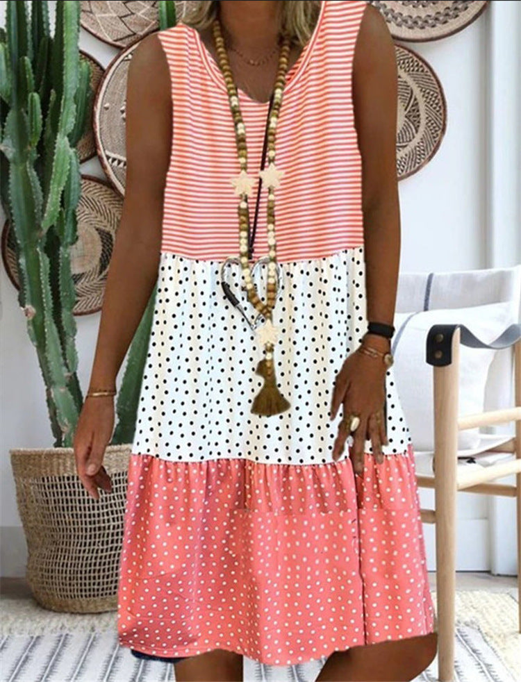 New Print Stitching Sleeveless Midi Dress