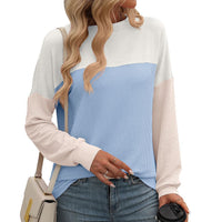 Round Neck Twist Strip Color Matching Long Sleeve Loose T-shirt For Women