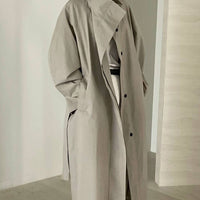 Autumn New Temperament Leisure Design Sense All-matching Long Stand-up Collar Tie Trench Coat
