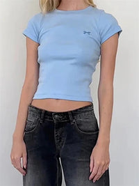 Round Neck Pullover Short Sleeve Butterfly Exquisite Embroidered Top - Chic Angle