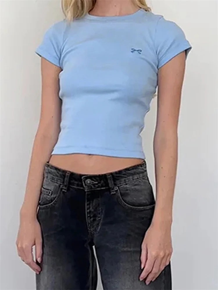 Round Neck Pullover Short Sleeve Butterfly Exquisite Embroidered Top - Chic Angle