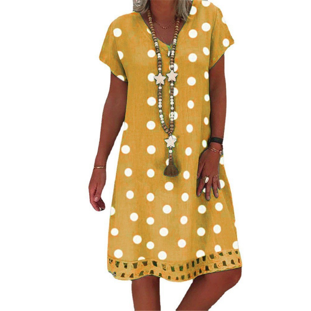 Women's Fashion Polka Dot Short Sleeve V-neck Printed Midi Dress