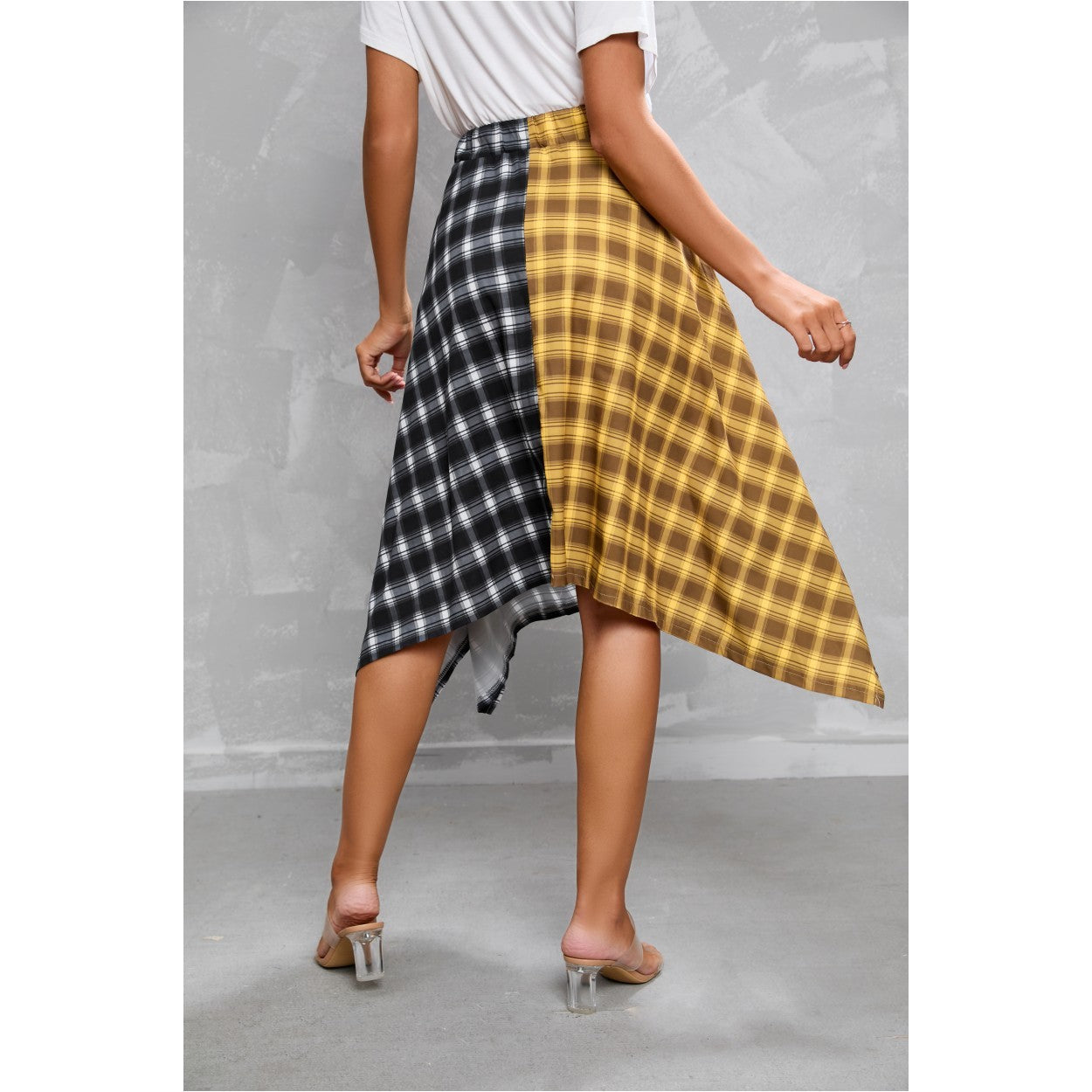 Elegant Irregular Lace-Up Check Midi Skirt